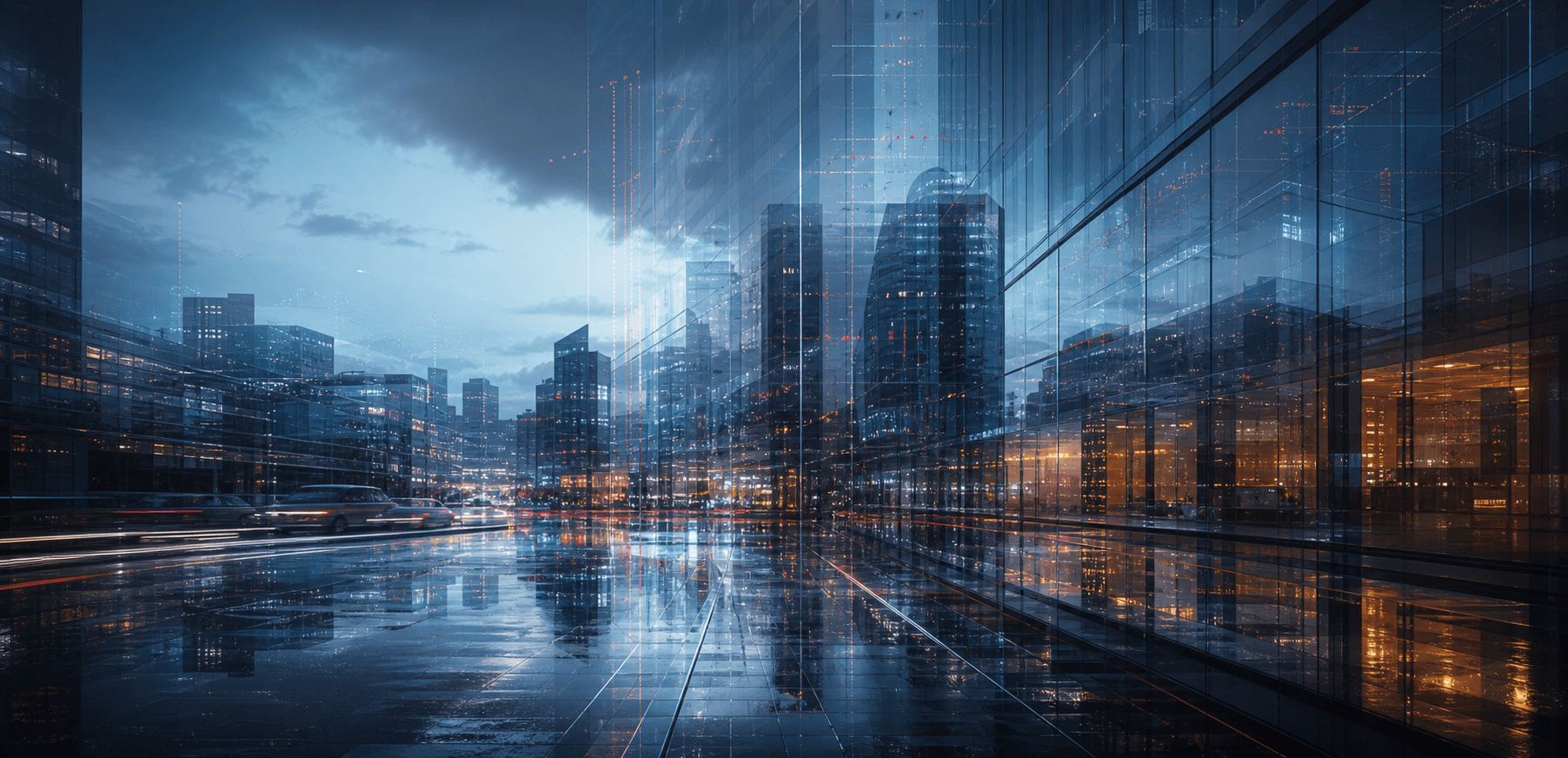 A fictional mirror city overlaid with signal traces and reflected streets.