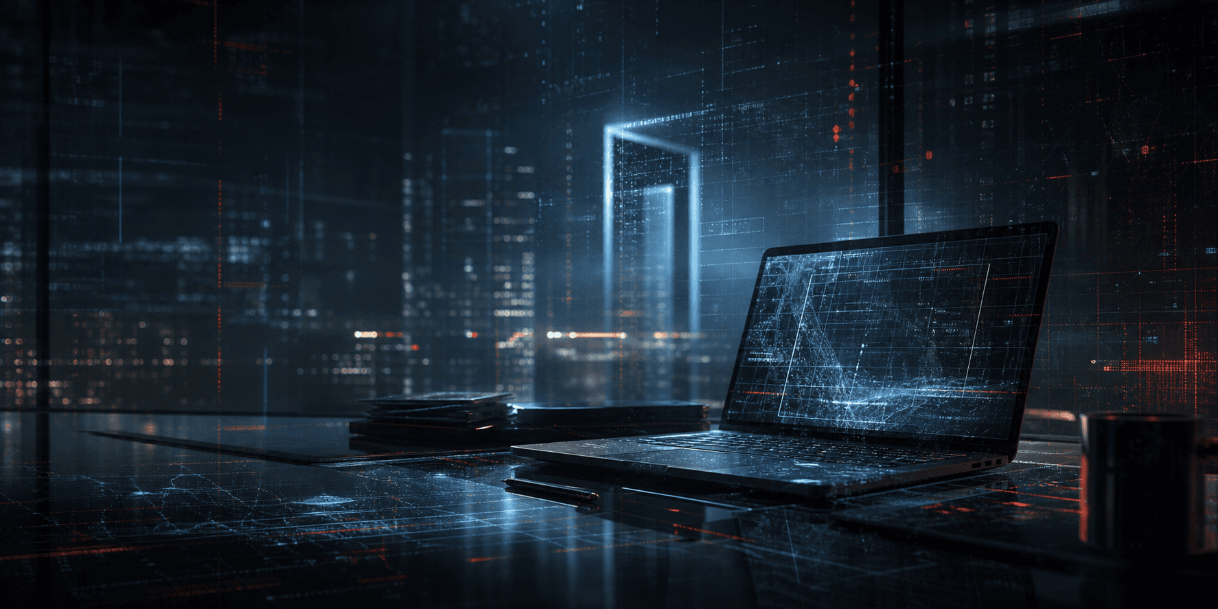 A reflected relay workstation with abstract mirror-layer maps.